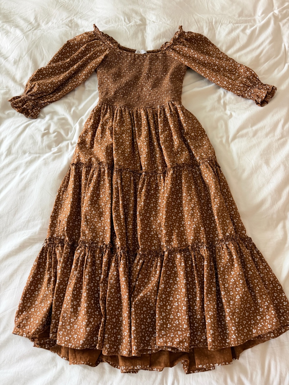 Ivy City Co Madeline Dress Small Brown Floral Smocked Tiered Midi Cotton Cottage
